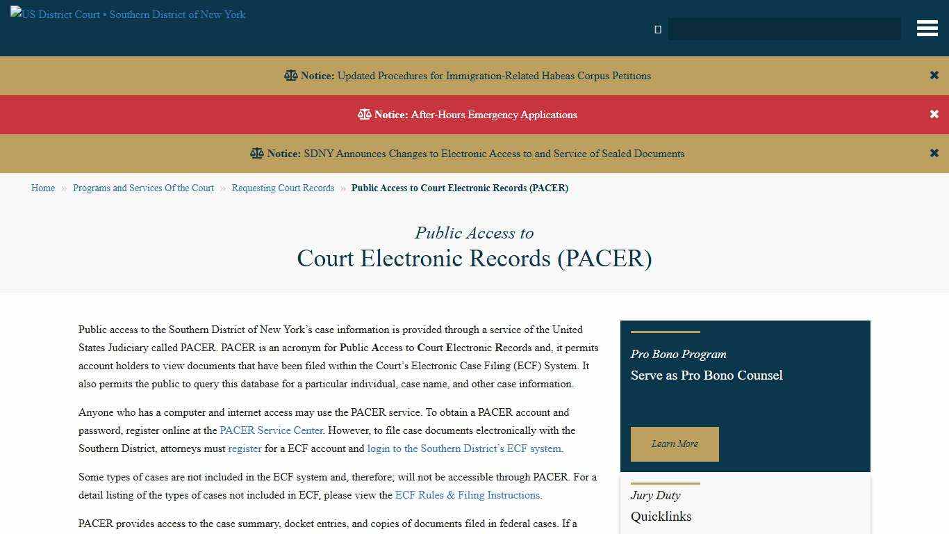 Public Access to Court Electronic Records (PACER) | U.S District Court